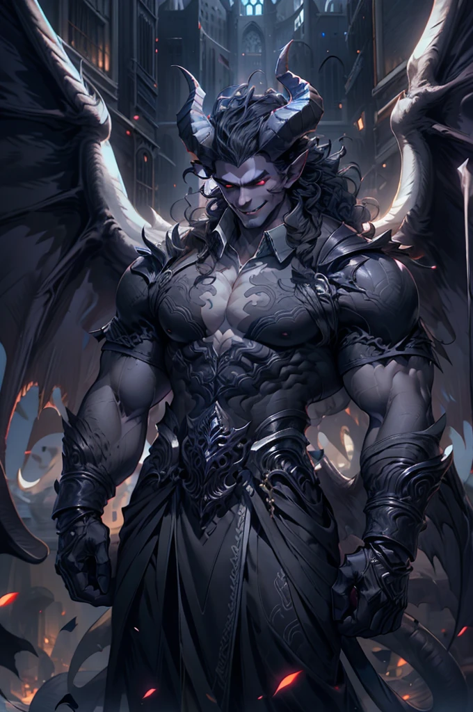 a gray-skinned demon, 3 meters tall, dressed in semi-formal clothing, gloves, broken angel wings, white eyes and a charming smile, long semi-wavy black hair which is tied up in a bun