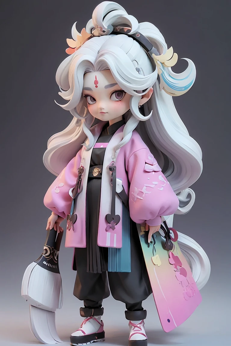 Chi Ngu Fong, (Full-body portrait), solo, Game Icons研究所, Game Icons, One girl, Long Hair, Full Body Lesbian, Paint brush, Multicolored Hair, Displaying the viewer, Two-tone hair, Iris, White Background, Gray Hair,Full Body Lesbian, tchibi