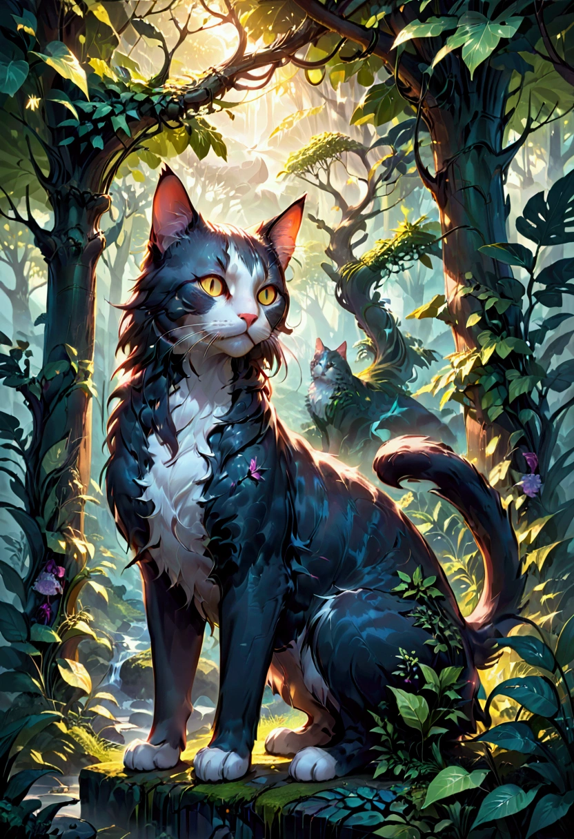 Giant Cat, A giant majestic cat, detailed feline anatomy, intricate fur textures, cinematic lighting, dramatic shadows, epic fantasy landscape, lush foliage, moody atmosphere, vibrant colors, 8k, masterpiece, best quality, very aesthetic, absurdres