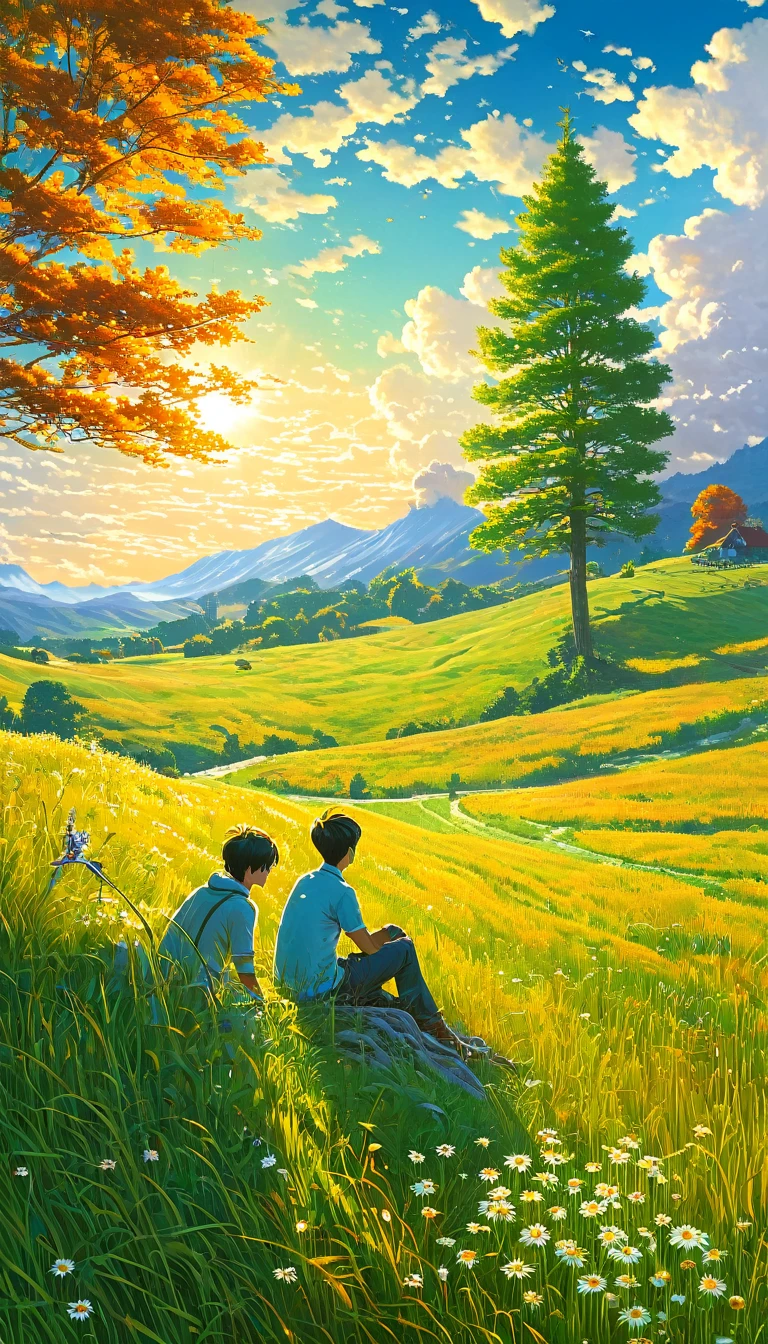 fondo de pantalla de arte anime 8 K, fondo animado art, Fondo De Pantalla De Paisaje De Anime, ANIME MASTERPIECE - Creates an image of a serene, sunlit rural scene in vibrant, detailed anime style. The scene is a boy sitting next to a tree in an autumn meadow, looking at a vast golden sky with white clouds, an incredible sunset, tall green grass, daisy flowers, ULTRA Style Kilian Eng and Thomas Kinkade, Rob Gonsalves and Tim White , Silvain Sarriel. Rhads and Thomas Kinkade, inspired by RHADS, cyril rolando and m.w kalut, cyril rolando and m. w kalut, rhads!!!