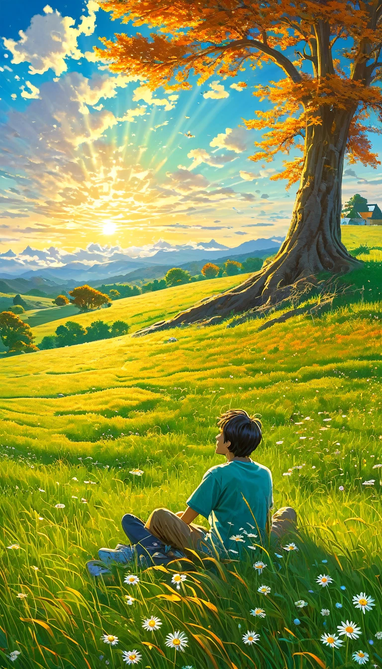 fondo de pantalla de arte anime 8 K, fondo animado art, Fondo De Pantalla De Paisaje De Anime, ANIME MASTERPIECE - Creates an image of a serene, sunlit rural scene in vibrant, detailed anime style. The scene is a boy sitting next to a tree in an autumn meadow, looking at a vast golden sky with white clouds, an incredible sunset, tall green grass, daisy flowers, ULTRA Style Kilian Eng and Thomas Kinkade, Rob Gonsalves and Tim White , Silvain Sarriel. Rhads and Thomas Kinkade, inspired by RHADS, cyril rolando and m.w kalut, cyril rolando and m. w kalut, rhads!!!