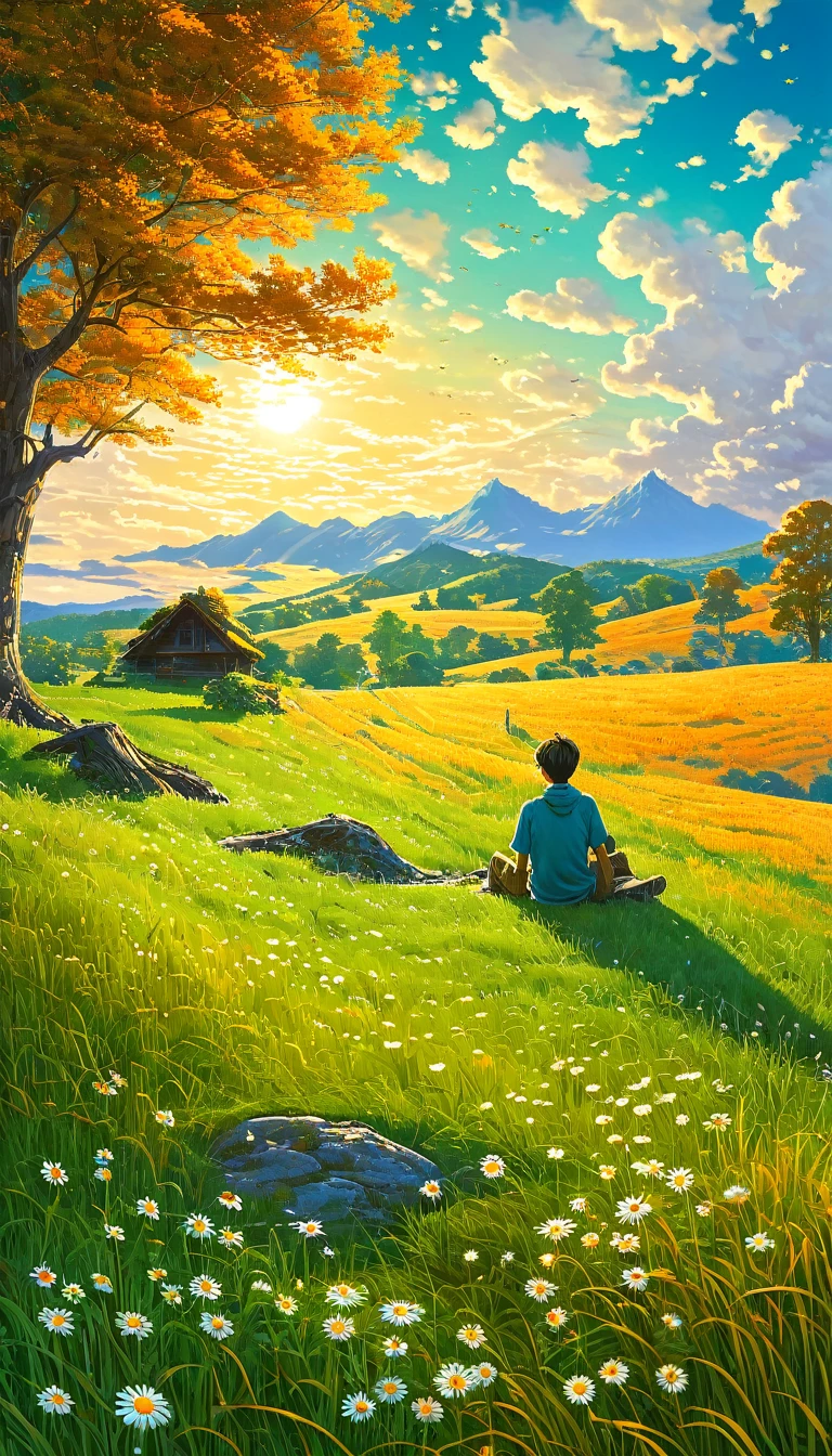 fondo de pantalla de arte anime 8 K, fondo animado art, Fondo De Pantalla De Paisaje De Anime, ANIME MASTERPIECE - Creates an image of a serene, sunlit rural scene in vibrant, detailed anime style. The scene is a boy sitting next to a tree in an autumn meadow, looking at a vast golden sky with white clouds, an incredible sunset, tall green grass, daisy flowers, ULTRA Style Kilian Eng and Thomas Kinkade, Rob Gonsalves and Tim White , Silvain Sarriel. Rhads and Thomas Kinkade, inspired by RHADS, cyril rolando and m.w kalut, cyril rolando and m. w kalut, rhads!!!
