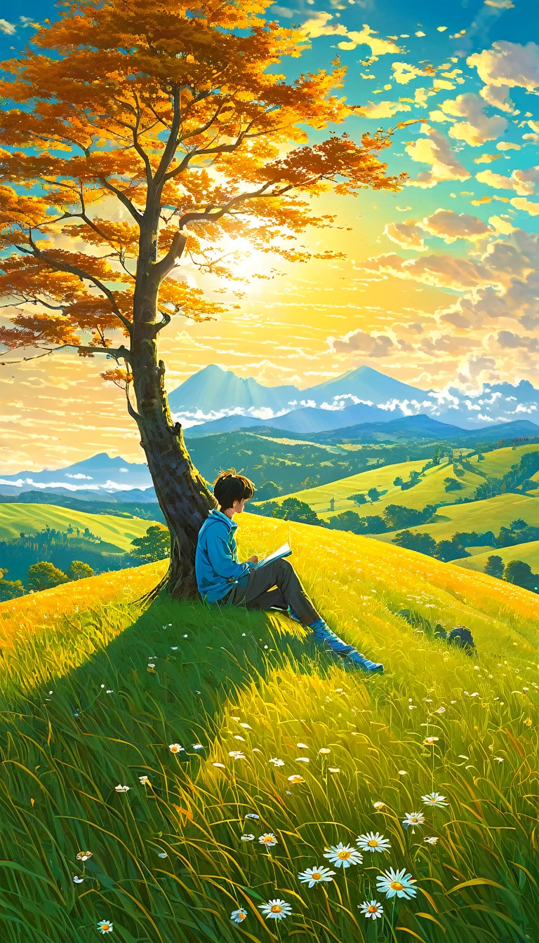 fondo de pantalla de arte anime 8 K, fondo animado art, Fondo De Pantalla De Paisaje De Anime, ANIME MASTERPIECE - Creates an image of a serene, sunlit rural scene in vibrant, detailed anime style. The scene is a boy sitting next to a tree in an autumn meadow, looking at a vast golden sky with white clouds, an incredible sunset, tall green grass, daisy flowers, ULTRA Style Kilian Eng and Thomas Kinkade, Rob Gonsalves and Tim White , Silvain Sarriel. Rhads and Thomas Kinkade, inspired by RHADS, cyril rolando and m.w kalut, cyril rolando and m. w kalut, rhads!!!