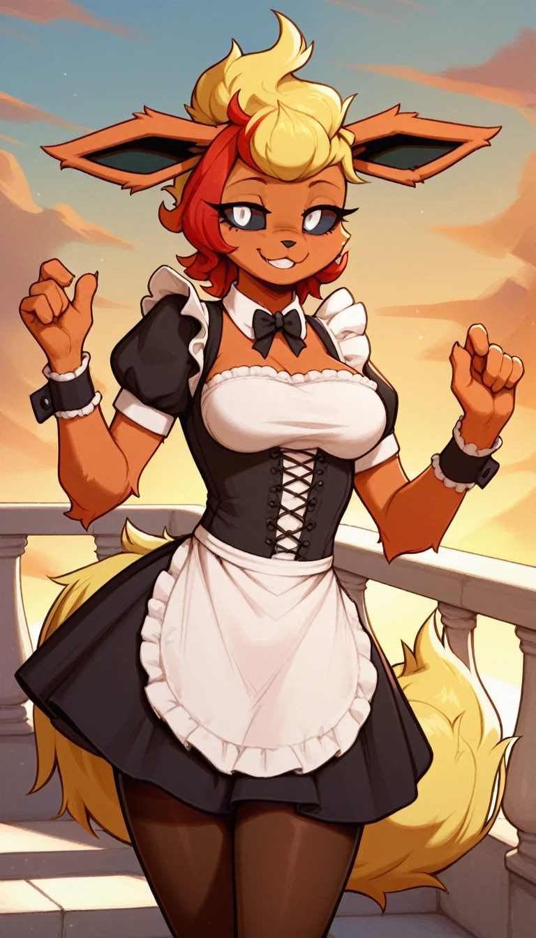 Excited expression, 1girl, anthro, furry, fur, fluffy fur, flareon girl, yellow hair (red highlights), black sclera, white eyes, pony tail hair, Messy hair, (19 years), medium breast, thicc thighs, solo, (mansion), sunset, detailed, smug smile, maid outfit, pantyhose, score_9, score_8_up, score_7_up, score_6_up, score_5_up, score_4_up