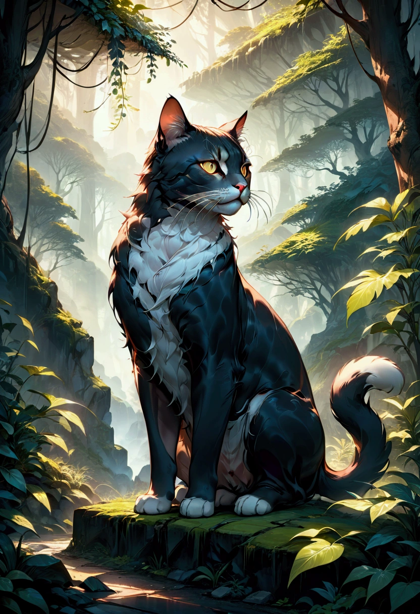 Giant Cat, A giant majestic cat, detailed feline anatomy, intricate fur textures, cinematic lighting, dramatic shadows, epic fantasy landscape, lush foliage, moody atmosphere, vibrant colors, 8k, masterpiece, best quality, very aesthetic, absurdres