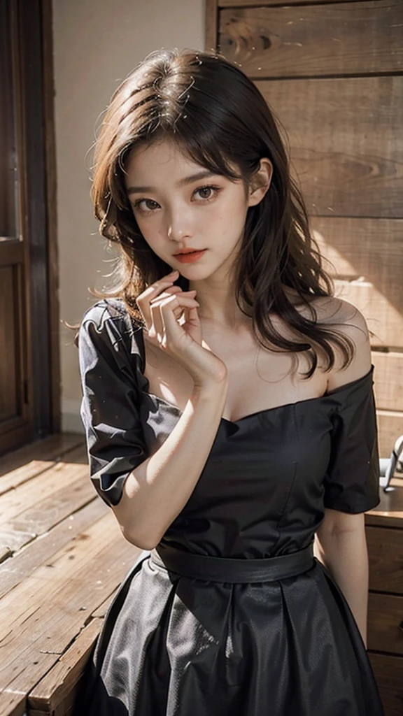 detailed background, masterpiece, best quality, 1 person , curly hair, long hair, purple eyes, star in eye , black Strapless blouse, long skirt, cute different poses, indoor wood furniture ,light wood color,, upper body