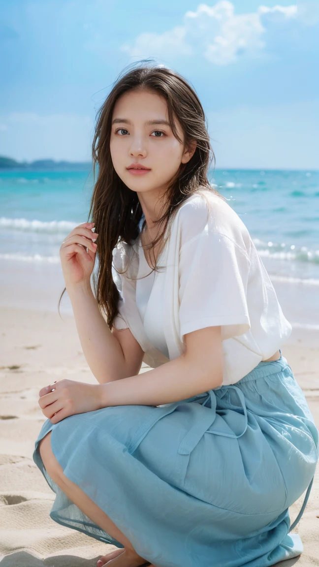 (((Top-down configuration:1.33)))、((No underwear:1.55))、One Girl、Beautiful and detailed eyes and face、barefoot、20 year old cute Japan woman, ((Extremely precise and accurate anatomy:1.0)), (photo Realistic:1.4), (hyper Realistic:1.4), (最高品質のRealisticな肌の質感:1.4), (Improvement of quality:1.4), (Enhances the beauty of skin texture:1.1), Clean and glowing skin, mesh, thin:1.2, (Realistic:1.3), Realisticなライティング, (Smoother lighting:1.05), (Improving the quality of cinema lighting:0.9), Backlight, A gentle light on your face, Ray Tracing, (Bright light:1.2), 32K, One Japanese woman, fine grain, Detailed face, (Film Grain:1.1),(Accentuates body lines:1.1), High resolution, Natural look, Kind eyes, Improves hair quality, Delicate light and shadow, Transparent muscles, Graceful pose, Beautiful Eyes, Sharp details, Soft light reflection, Beautiful contours, Delicate skin tone, Fine hair texture, Natural background, (((sunny day、Beach、A strong wind is blowing、Her hair and skirt are flying、Squat, Open shirt、Pleated skirt、Scooping seawater with hands:1.25、splash、Sandy Beach、Light of the sun、clear blue sea、The waves crash quietly、Blue sky and white clouds、Green Mountain々、Beautiful Nature、The joys of youth)))、