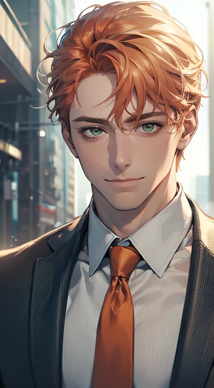 (Highest quality,4K,8K,High resolution,masterpiece:1.2),Super detailed,(Realistic,photoRealistic,photo-Realistic:1.37),1 person,34 years old,Mature Men,Beautiful skin、very handsome,Expressionless smile in love,Short gray orange hair,green eyes,Sharp Eyes,A perfect face without a doubt,Businessman, CEO, Office Background,Cinema Lighting,HDR image,tie、