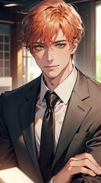 (Highest quality,4K,8K,High resolution,masterpiece:1.2),Super detailed,(Realistic,photoRealistic,photo-Realistic:1.37),1 person,34 years old,Mature Men,Beautiful skin、very handsome,Expressionless smile in love,Short gray orange hair,green eyes,Sharp Eyes,A perfect face without a doubt,Businessman, CEO, Office Background,Cinema Lighting,HDR image,tie、