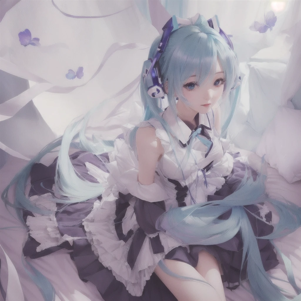 Anime girl with blue hair and white dress sitting on bed, Digital art on Pixiv, Nightcore, Anime Style 4k, anime art wallpaper 4k, anime art wallpaper 4k, pixiv Contest Winner, Zerochan Art, Anime Art Wallpapers 8K, Hatsune Miku portrait, Mikudayo, Hatsune Miku portrait, anime wallpaper 4k