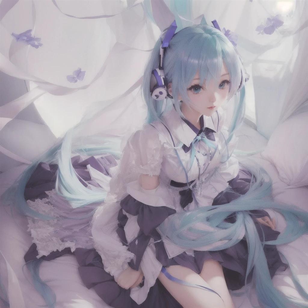 Anime girl with blue hair and white dress sitting on bed, Digital art on Pixiv, Nightcore, Anime Style 4k, anime art wallpaper 4k, anime art wallpaper 4k, pixiv Contest Winner, Zerochan Art, Anime Art Wallpapers 8K, Hatsune Miku portrait, Mikudayo, Hatsune Miku portrait, anime wallpaper 4k