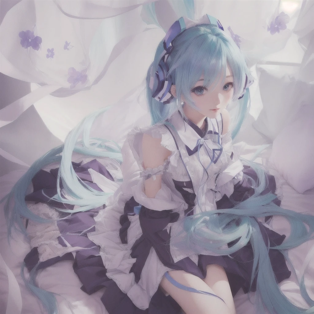 Anime girl with blue hair and white dress sitting on bed, Digital art on Pixiv, Nightcore, Anime Style 4k, anime art wallpaper 4k, anime art wallpaper 4k, pixiv Contest Winner, Zerochan Art, Anime Art Wallpapers 8K, Hatsune Miku portrait, Mikudayo, Hatsune Miku portrait, anime wallpaper 4k