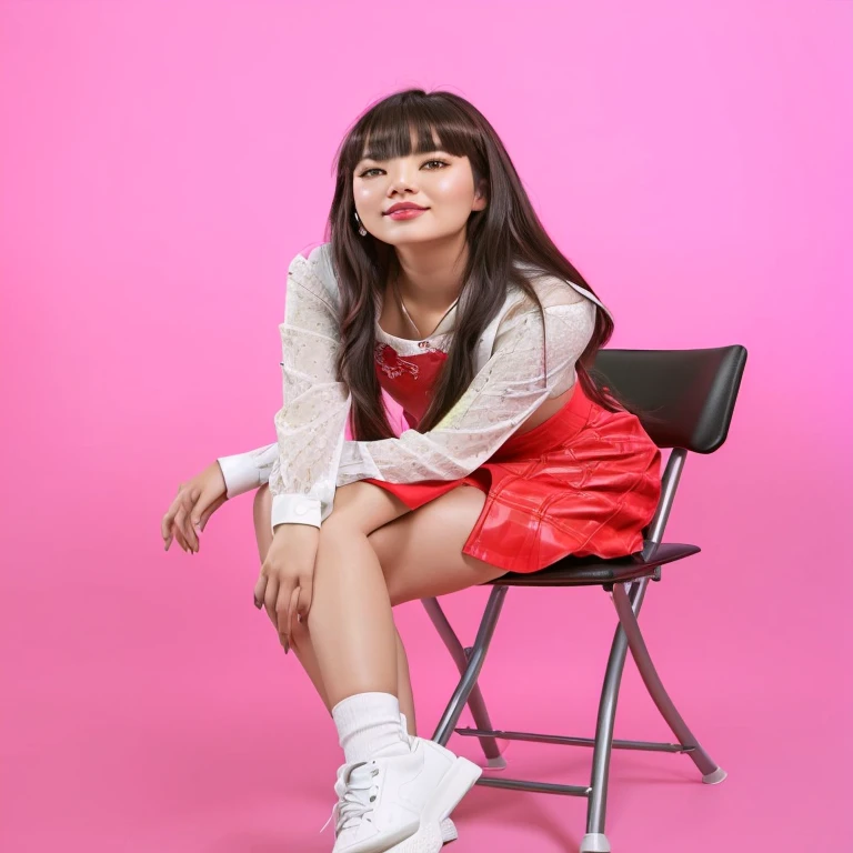 araffe girl sitting on a chair in a red skirt and white shirt, photo from a promo shoot, solo photoshoot, full body photoshoot, shot in the photo studio, studio photoshot, ruan cute vtuber, promo shoot, sitting pose, taken in 2 0 2 0, portrait of jossi of blackpink, studio photoshoot, casual pose, chiho