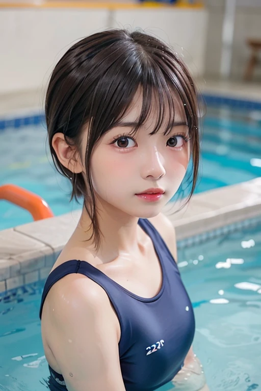 one girl, (a beauty girl, delicate girl:1.3), (12 years old:1.3),((Wet school swimsuit)) (Navy School Swimsuit:1.3),((Cute pose)) ,Very detailedな明瞭さ, (Symmetrical eyes:1.3), (School swimming pool, indoor:1.3), Small breasts, Brown eyes, ((very beautiful short black hair)),((Pixie Cut))、 Brown Hair, girl,, (Eye and facial details:1.0),, (masterpiece, Highest quality, Very detailed, Detailed face, 8k)