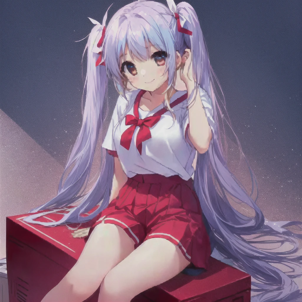 A girl in a white shirt and red shorts is sitting on a box, pretty girl、Light blue long hair、Twin tails、Bright smile