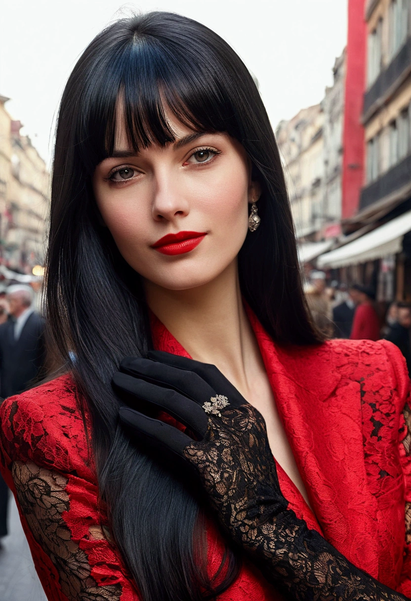 High-quality realistic acrylic art, vivid colors, lateral point of view, a beautiful vintage european woman with long black straight hair, bangs, looking at the viewer with suspicious face and a shy smile, red lips, she wears silk lace black suit, tight lace gloves, big city background