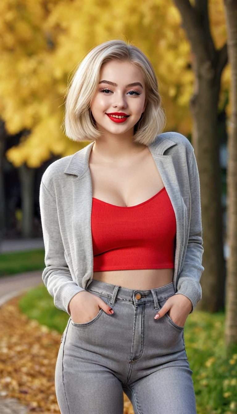 ultrarealistic high quality fullbody photo of a beautiful busty athletic european 18-year-old  girl with cute hyperdetailed shy happy face and shoulder length platin-blonde classic bob and long legs, realistic round eyes, red lipgloss, decent makeup with eyeliner, wearing grey longsleeve and skinny jeans, hourglass body, outdoor photography, sunny day
