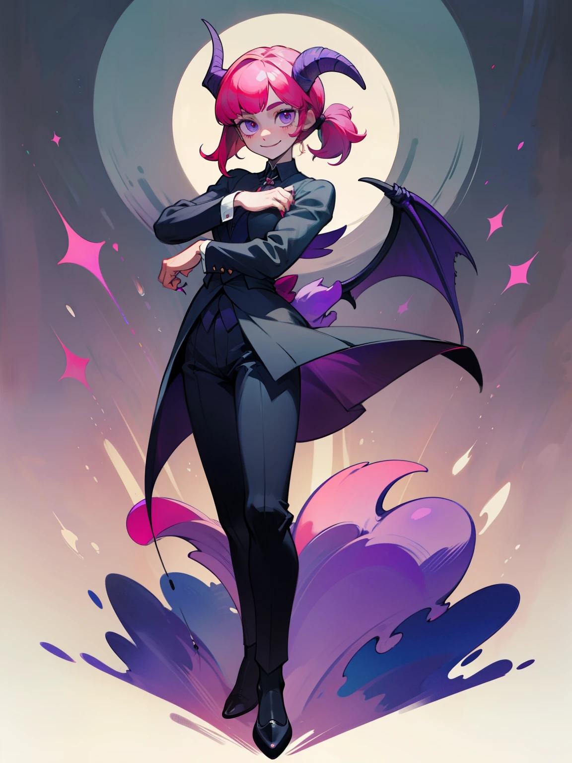 butler outfit, short pink hair, pony tail, purple eyes, gray skin, demon, claws, goat horns, bangs, Gothic art, full body shot, elegant pose, smile, Romanticism, masterpiece, anatomically correct, high quality, super detail, best quality, 4K, 8k