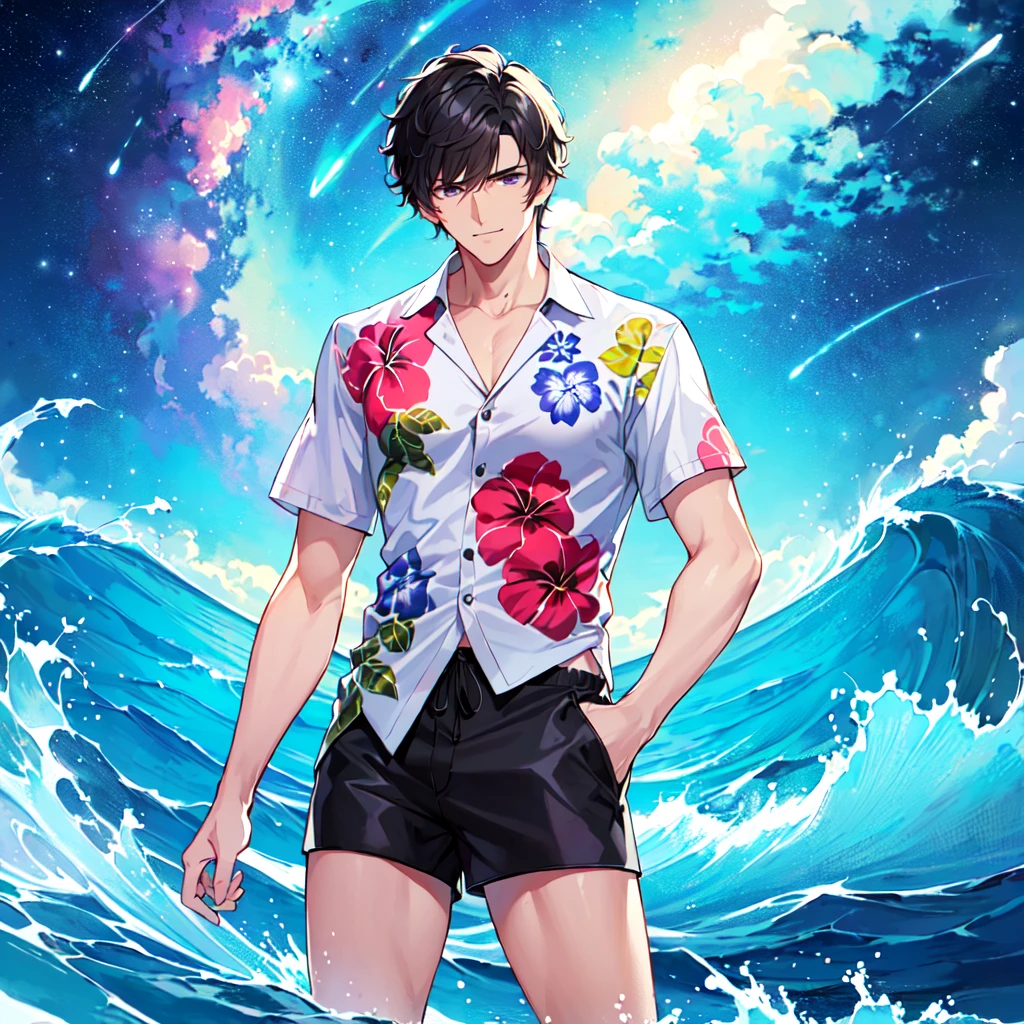 masterpiece,best quality,high quality,(1 male austere handsome solo adult age 30 years old:1.5), purple eyes, cool with suspended eyes, V-shaped eyebrows, body strong and fearless 8.5 head tall, height 185cm, (well-groomed black short hair to neck:1.4), (bangs 1.4), slender nose, facial muscles, throat, (Aloha shirt and shorts: 1.3), (hand on chin: 1.3), (stylish pose), (cool smug face: 1.3), (background ocean: 1.3) , (Milky Way Night Sky: 1.3)