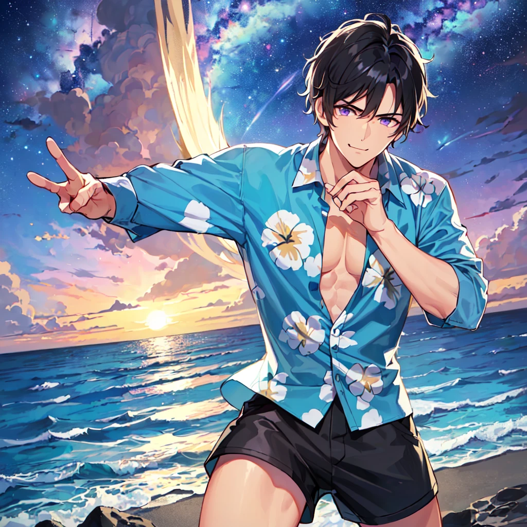 masterpiece,best quality,high quality,(1 male austere handsome solo adult age 30 years old:1.5), purple eyes, cool with suspended eyes, V-shaped eyebrows, body strong and fearless 8.5 head tall, height 185cm, (well-groomed black short hair to neck:1.4), (bangs 1.4), slender nose, facial muscles, throat, (Aloha shirt and shorts: 1.3), (hand on chin: 1.3), (stylish pose), (cool smug face: 1.3), (background ocean: 1.3) , (Milky Way Night Sky: 1.3)