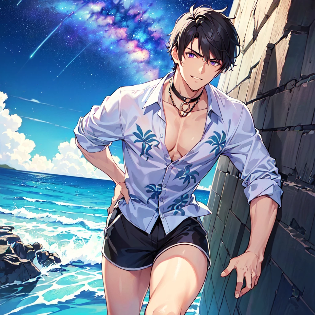 masterpiece,best quality,high quality,(1 male austere handsome solo adult age 30 years old:1.5), purple eyes, cool with suspended eyes, V-shaped eyebrows, body strong and fearless 8.5 head tall, height 185cm, (well-groomed black short hair to neck:1.4), (bangs 1.4), slender nose, facial muscles, throat, (Aloha shirt and shorts: 1.3), (hand on chin: 1.3), (stylish pose), (cool smug face: 1.3), (background ocean: 1.3) , (Milky Way Night Sky: 1.3)