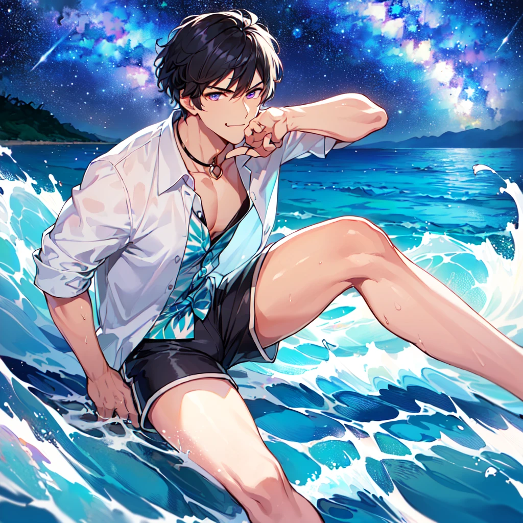 masterpiece,best quality,high quality,(1 male austere handsome solo adult age 30 years old:1.5), purple eyes, cool with suspended eyes, V-shaped eyebrows, body strong and fearless 8.5 head tall, height 185cm, (well-groomed black short hair to neck:1.4), (bangs 1.4), slender nose, facial muscles, throat, (Aloha shirt and shorts: 1.3), (hand on chin: 1.3), (stylish pose), (cool smug face: 1.3), (background ocean: 1.3) , (Milky Way Night Sky: 1.3)