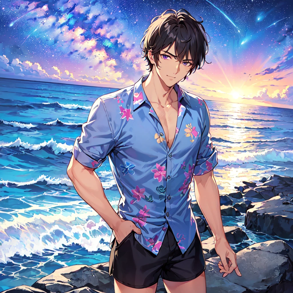 masterpiece,best quality,high quality,(1 male austere handsome solo adult age 30 years old:1.5), purple eyes, cool with suspended eyes, V-shaped eyebrows, body strong and fearless 8.5 head tall, height 185cm, (well-groomed black short hair to neck:1.4), (bangs 1.4), slender nose, facial muscles, throat, (Aloha shirt and shorts: 1.3), (hand on chin: 1.3), (stylish pose), (cool smug face: 1.3), (background ocean: 1.3) , (Milky Way Night Sky: 1.3)