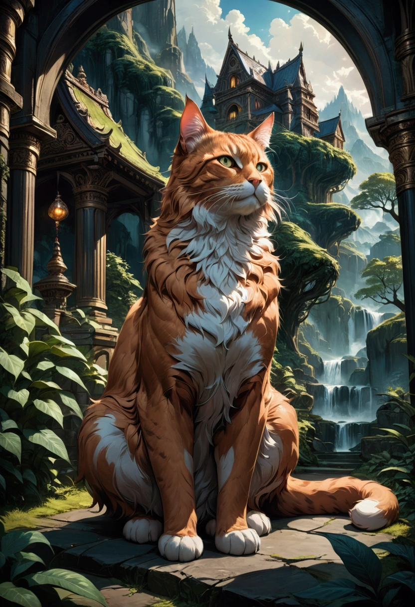 Giant Cat, A giant majestic cat, detailed feline anatomy, intricate fur textures, cinematic lighting, dramatic shadows, epic fantasy landscape, lush foliage, moody atmosphere, vibrant colors, 8k, masterpiece, best quality, very aesthetic, absurdres