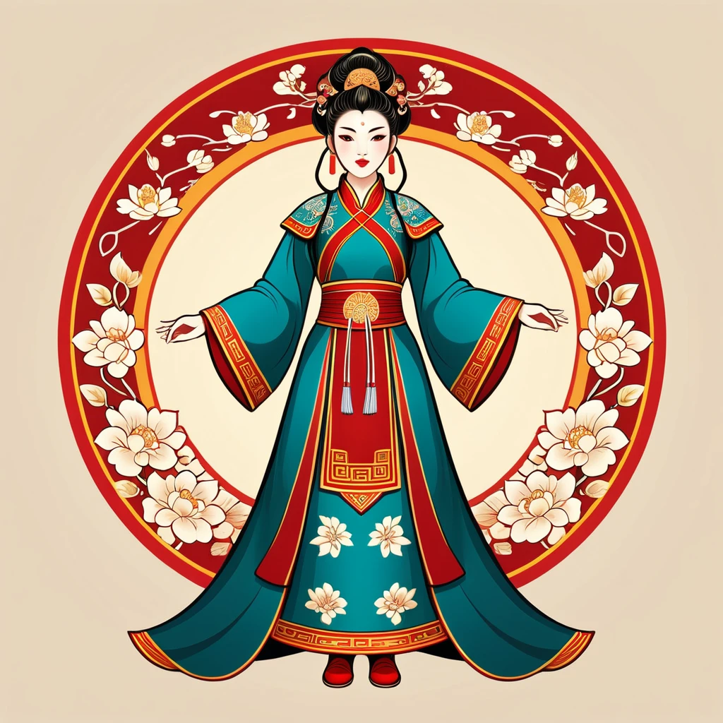female giant in chinese folk outfit, vector graphics, strong contours, logo design