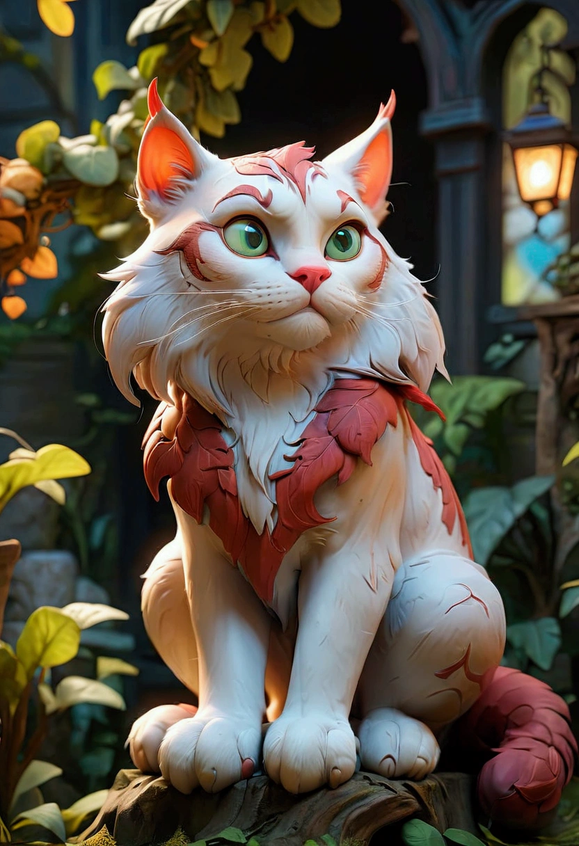 Giant Cat, A giant majestic cat, detailed feline anatomy, intricate fur textures, cinematic lighting, dramatic shadows, epic fantasy landscape, lush foliage, moody atmosphere, vibrant colors, 8k, masterpiece, best quality, very aesthetic, absurdres