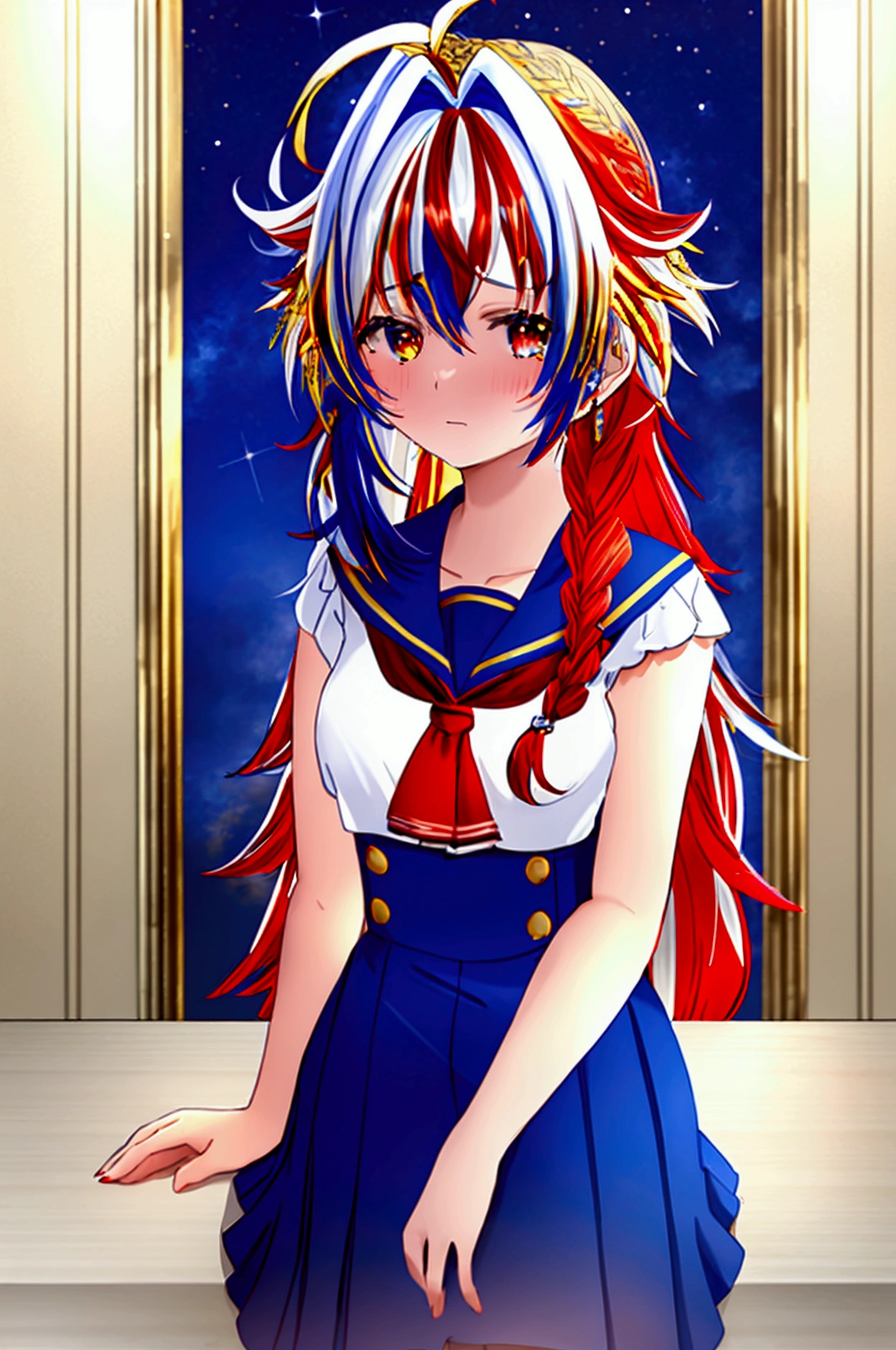 masutepiece++, Best Quality++, ultra-definition++, ultra-definition++, rey tracing, 4K or more++, 8K or more++, Slight details, (Background Focus )++,Young woman with golden laurel wreath, (((Ultramarine hair))), (((White dip dyed hair))), (((red streaked hair))),sailor,Sailor collar,White shirt, skirt by the,anchor,