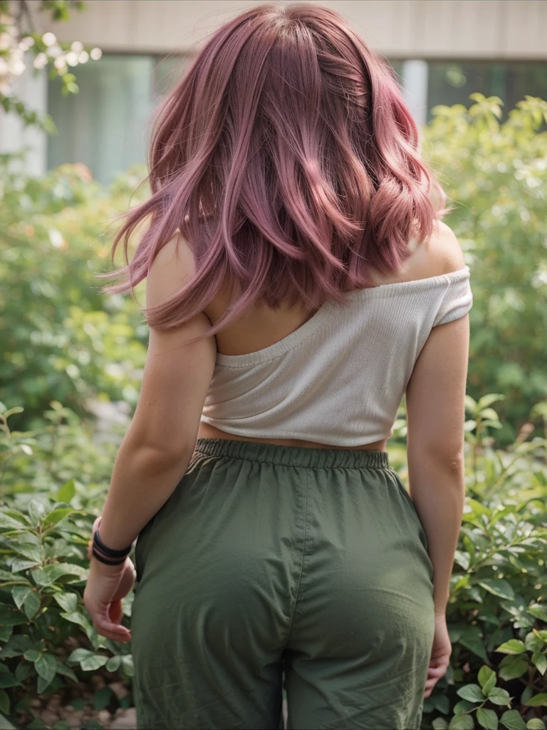 girl, , short shoulder-length hair, pink hair color,