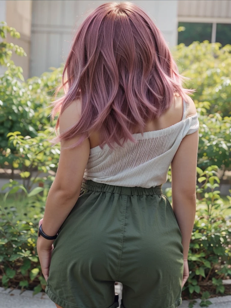 girl, , short shoulder-length hair, pink hair color, 