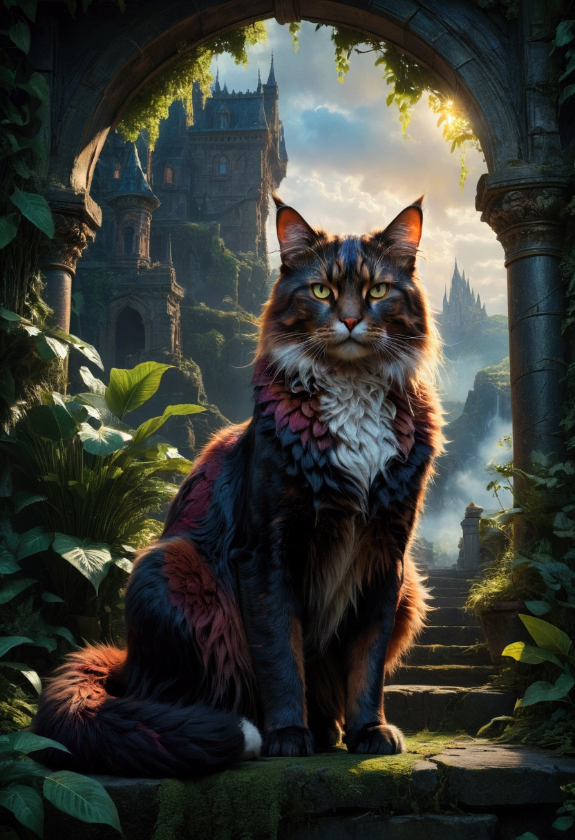 Giant Cat, A giant majestic cat, detailed feline anatomy, intricate fur textures, cinematic lighting, dramatic shadows, epic fantasy landscape, lush foliage, moody atmosphere, vibrant colors, 8k, masterpiece, best quality, very aesthetic, absurdres