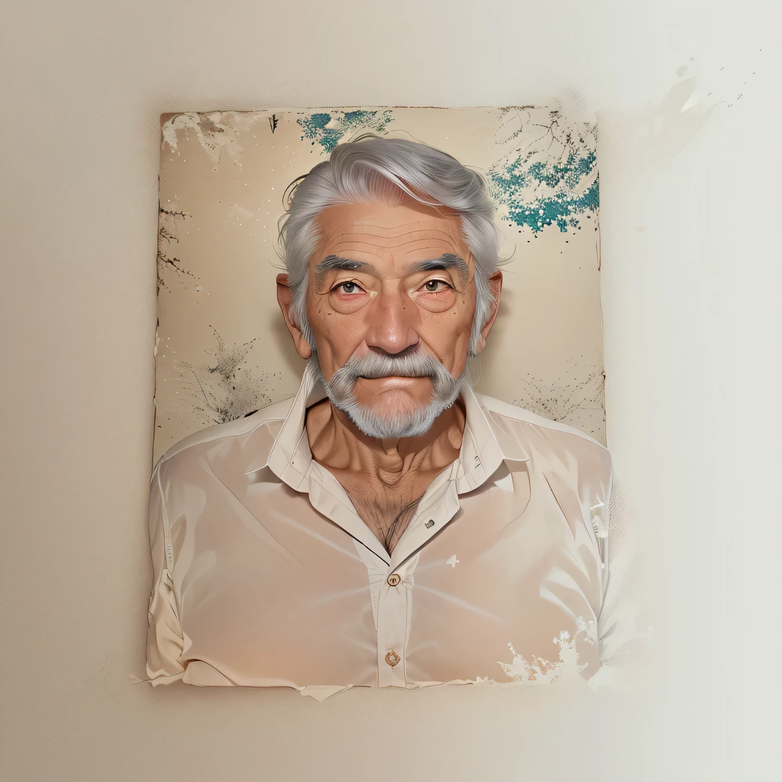 An 80 year old man, hair grey, sem beard, wearing a white button-down shirt