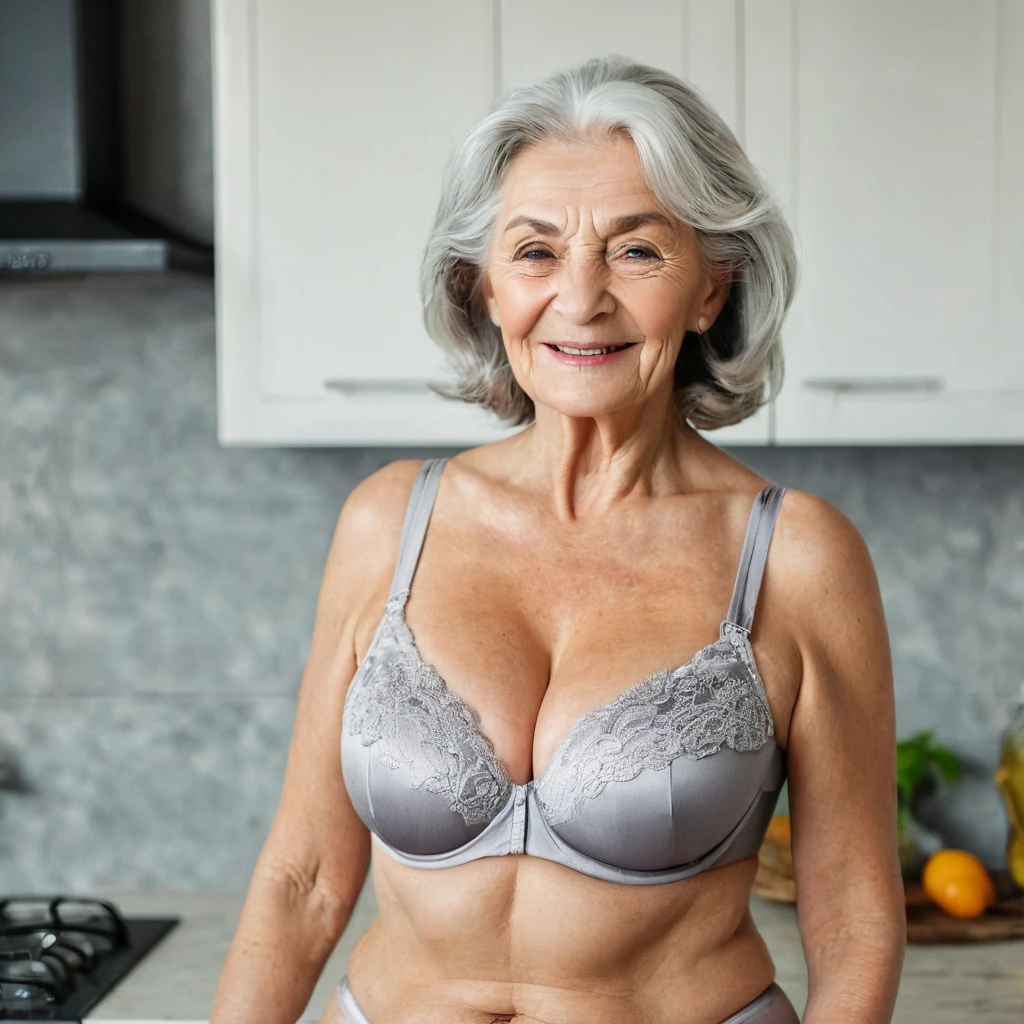 Happy beautiful elderly woman in a bra with beautiful firm and large breasts with gray hair with wrinkles on her face, is in the kitchen