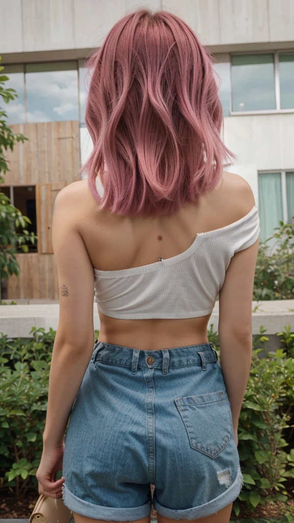 girl, , short shoulder-length hair, pink hair color, 