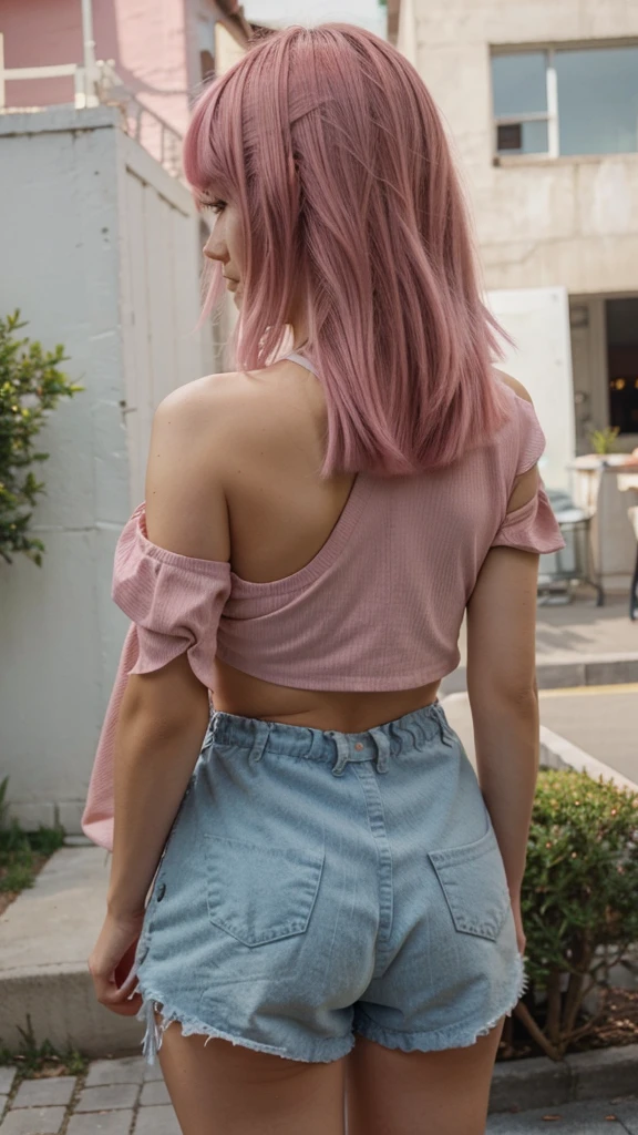 girl, , short shoulder-length hair, pink hair color,
