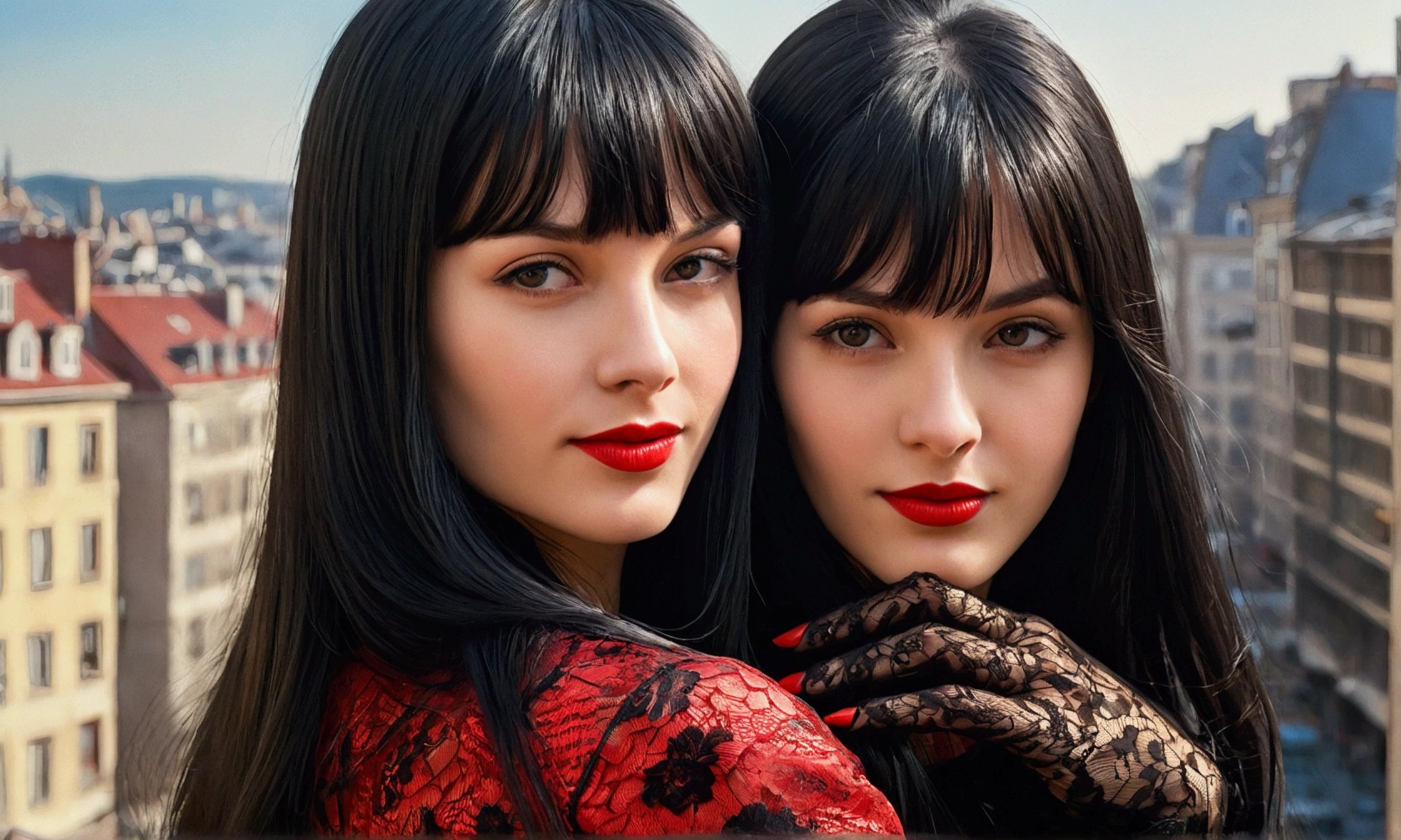 High-quality realistic acrylic art, vivid colors, lateral point of view, a beautiful vintage european woman with long black straight hair, bangs, looking at the viewer with suspicious face and a shy smile, red lips, she wears silk lace black suit, tight lace gloves, big city background