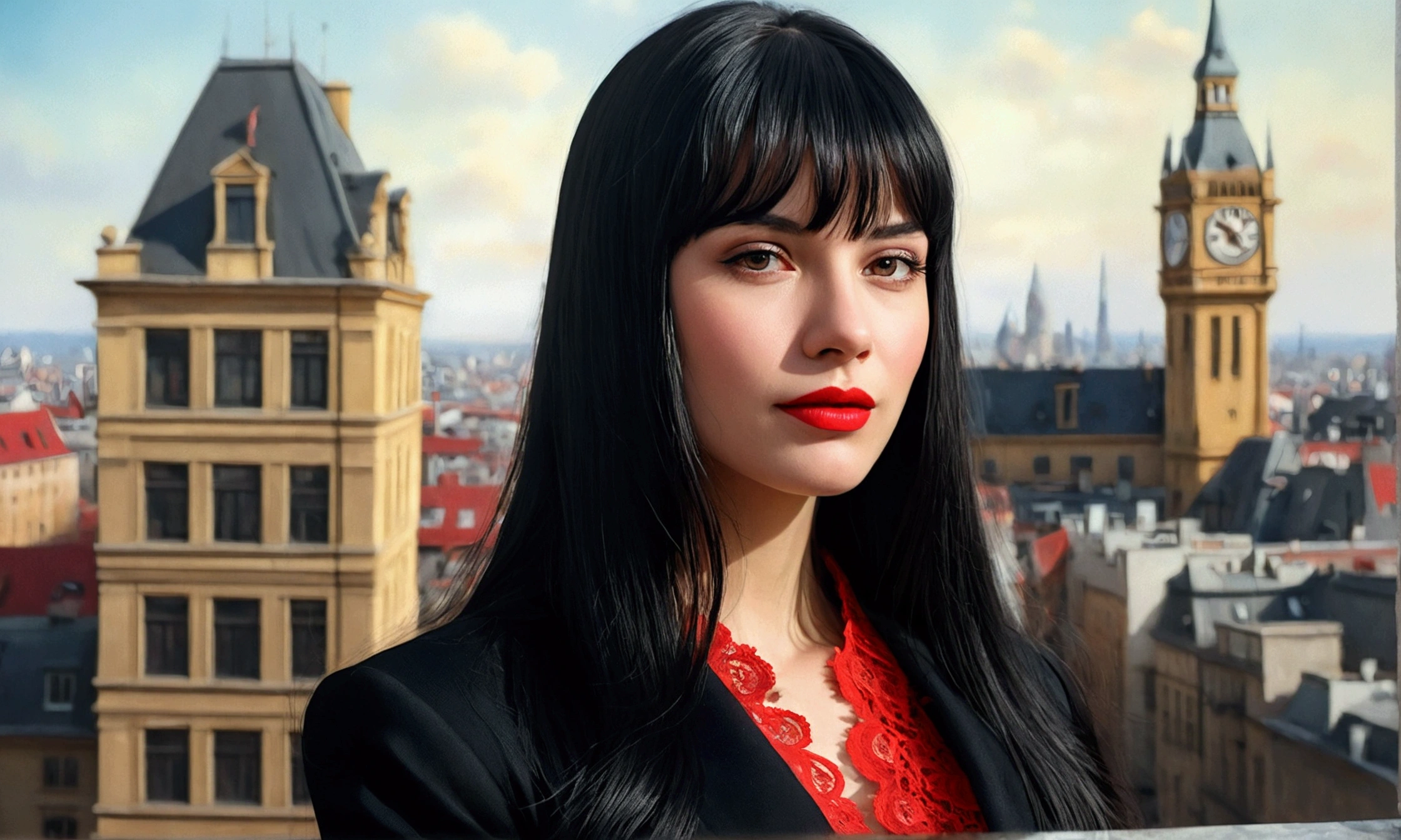 High-quality realistic acrylic art, vivid colors, lateral point of view, a beautiful vintage european woman with long black straight hair, bangs, looking at the viewer with suspicious face and a shy smile, red lips, she wears silk lace black suit, tight lace gloves, big city background