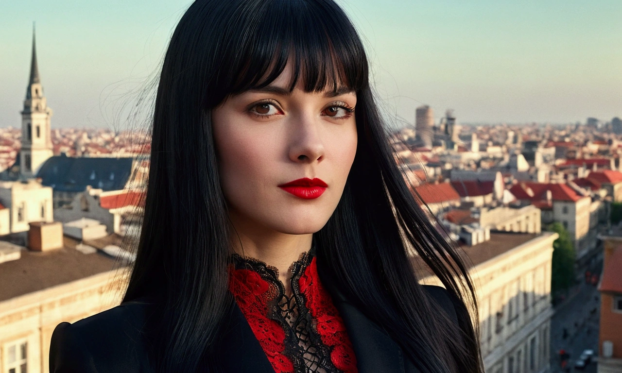 High-quality realistic acrylic art, vivid colors, lateral point of view, a beautiful vintage european woman with long black straight hair, bangs, looking at the viewer with suspicious face and a shy smile, red lips, she wears silk lace black suit, tight lace gloves, big city background