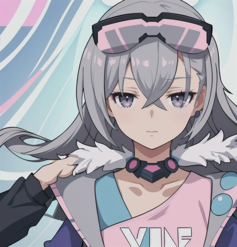 anime girl, grey hair, black eyes, bubblegum, blue and pink clothes, silver wolf, white shirt, 1girl, masterpiece, (beautiful and aesthetic:1. 5), thick black lineart, clean lineart, perfect lineart, variable lineart, clean anime outlines, intense line art, bold lineart, sharp lineart, best quality, high quality, best quality, ultra-detailed, colourful, saturated colours, dynamic lighting, HD,