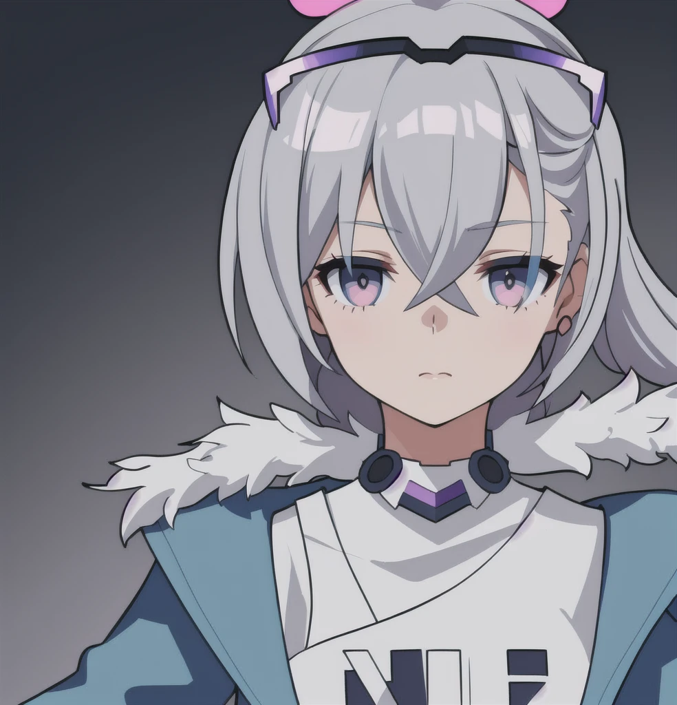 anime girl, grey hair, black eyes, bubblegum, blue and pink clothes, silver wolf, white shirt, 1girl, masterpiece, (beautiful and aesthetic:1. 5), thick black lineart, clean lineart, perfect lineart, variable lineart, clean anime outlines, intense line art, bold lineart, sharp lineart, best quality, high quality, best quality, ultra-detailed, colourful, saturated colours, dynamic lighting, HD,