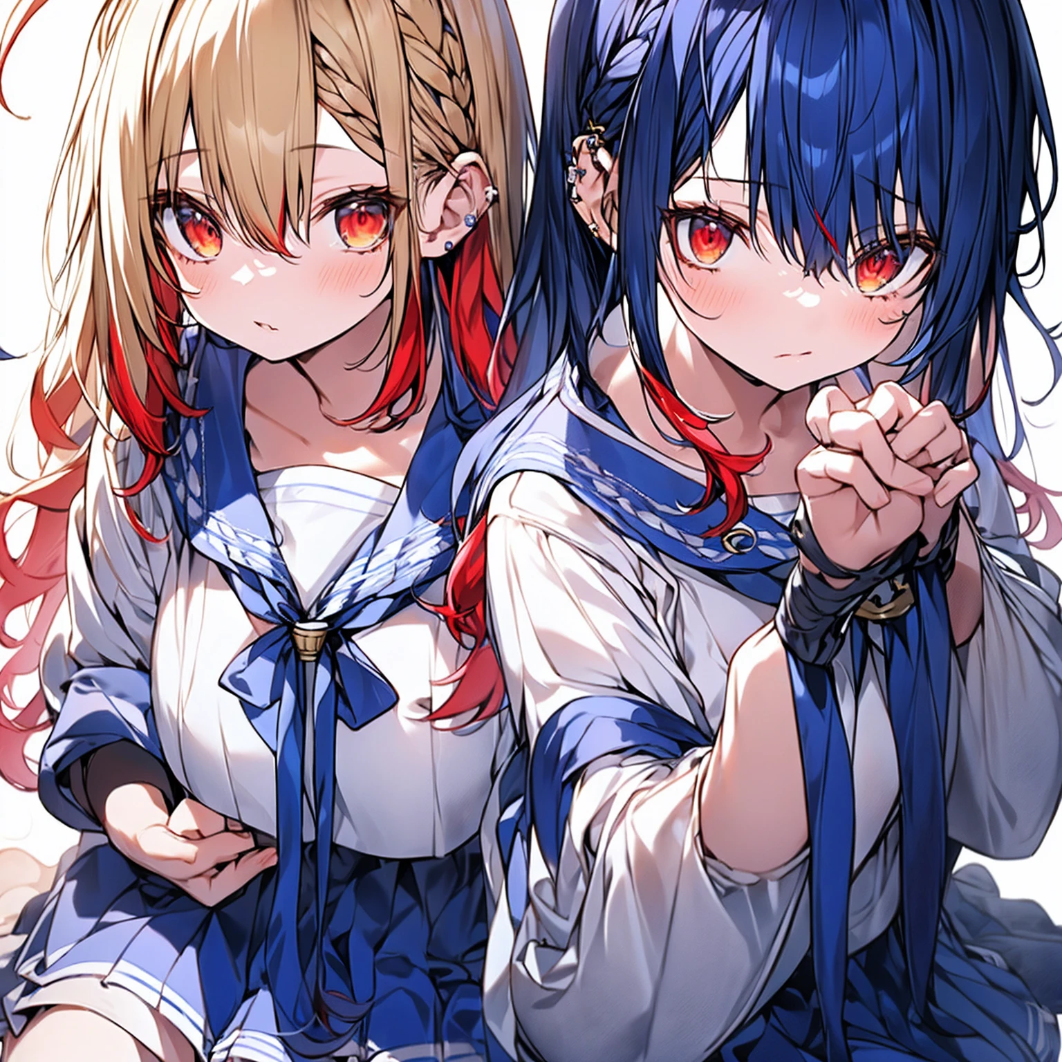 masutepiece++, Best Quality++, ultra-definition++, ultra-definition++, rey tracing, 4K or more++, 8K or more++, Slight details, (Background Focus )++,Young woman with golden laurel wreath, (((Ultramarine hair))), (((White dip dyed hair))), (((red streaked hair))),sailor,Sailor collar,White shirt, skirt by the,anchor,