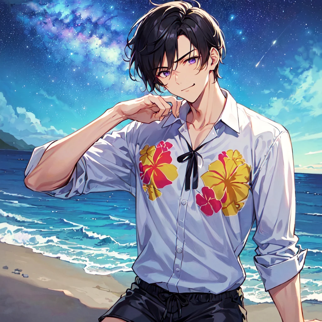masterpiece,best quality,high quality,(1 male austere handsome solo adult age 30 years old:1.5), purple eyes, cool with suspended eyes, V-shaped eyebrows, body strong and fearless 8.5 head tall, height 185cm, (well-groomed black short hair to neck:1.4), (bangs 1.4), slender nose, facial muscles, throat, (Aloha shirt and shorts: 1.3), (hand on chin: 1.3), (stylish pose), (cool smug face: 1.3), (background ocean: 1.3) , (Milky Way Night Sky: 1.3), (upper body:1.3)
