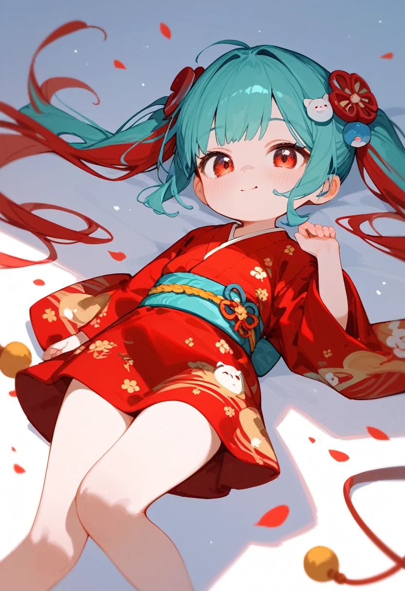 1girl,little_girl,little_body,cute_loli,Emi, two-tone hair, red eyes, pigtail, hair ornaments, red kimono, print kimono, dynamic angle, 