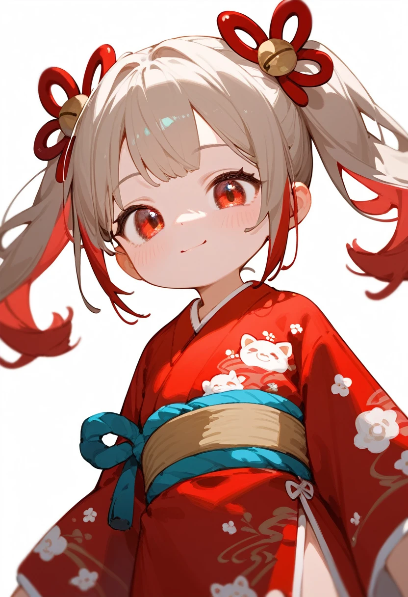 1girl,_girl,littlecute_loli,Emi, two-tone hair, red eyes, pigtail, hair ornaments, red kimono, print kimono, dynamic angle, 