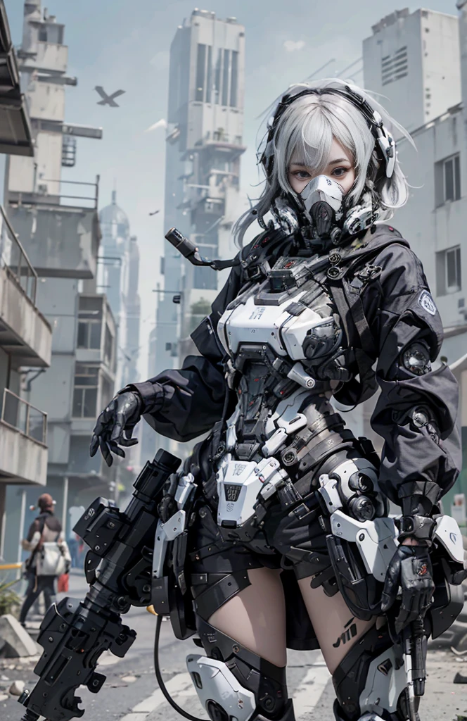 This is a super detailed, super high facial detail, high resolution and top quality CG Unity 8k wallpaper, the style is cyberpunk, mainly black and red. In the picture, a beautiful girl with white messy short hair, a delicate face, wearing a steam mecha mask, standing on the ruins, behind her is a huge robot, and the action of a woman holding a heavy sniper rifle in her hand,