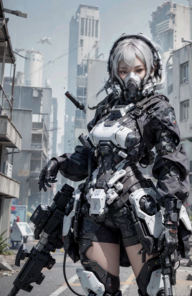 This is a super detailed, super high facial detail, high resolution and top quality CG Unity 8k wallpaper, the style is cyberpunk, mainly black and red. In the picture, a beautiful girl with white messy short hair, a delicate face, wearing a steam mecha mask, standing on the ruins, behind her is a huge robot, and the action of a woman holding a heavy sniper rifle in her hand,