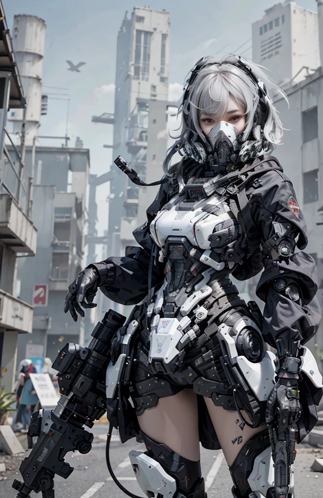 This is a super detailed, super high facial detail, high resolution and top quality CG Unity 8k wallpaper, the style is cyberpunk, mainly black and red. In the picture, a beautiful girl with white messy short hair, a delicate face, wearing a steam mecha mask, standing on the ruins, behind her is a huge robot, and the action of a woman holding a heavy sniper rifle in her hand,